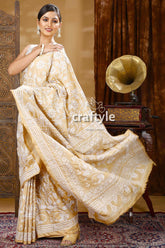 Floral Design Beige & White Multithread Silk Kantha Saree-Craftyle