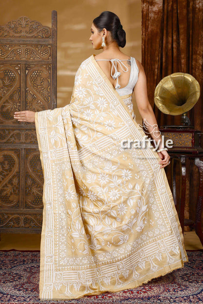 Floral Design Beige &amp; White Multithread Silk Kantha Saree-Craftyle