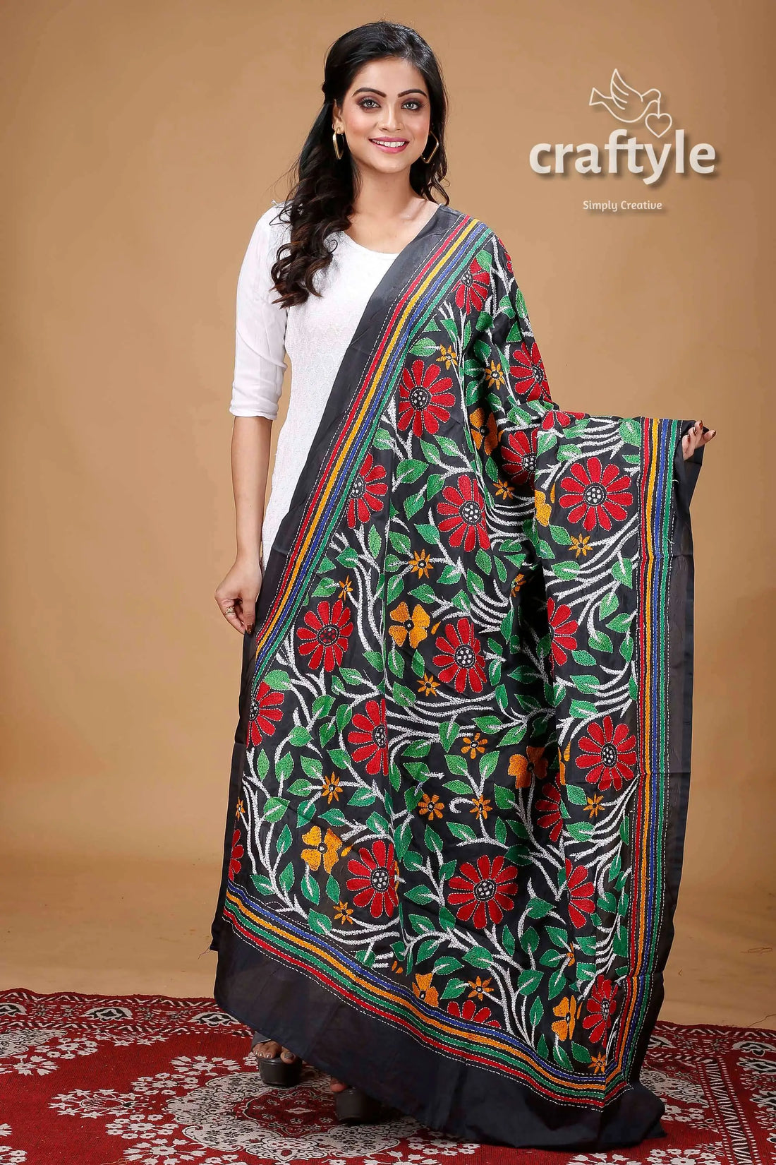 Floral design black hand embroidered silk kantha work dupatta woman floral-patterned shawl 1