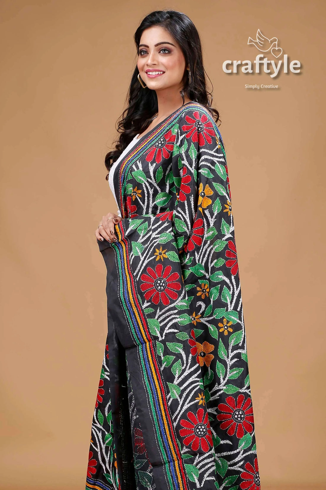 Floral design black hand embroidered silk kantha work dupatta shawl 2