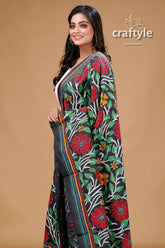 Floral design black hand embroidered silk kantha work dupatta shawl 2
