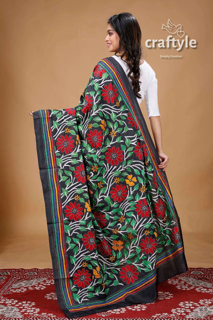 Floral design black hand embroidered silk kantha work dupatta floral-patterned saree 3