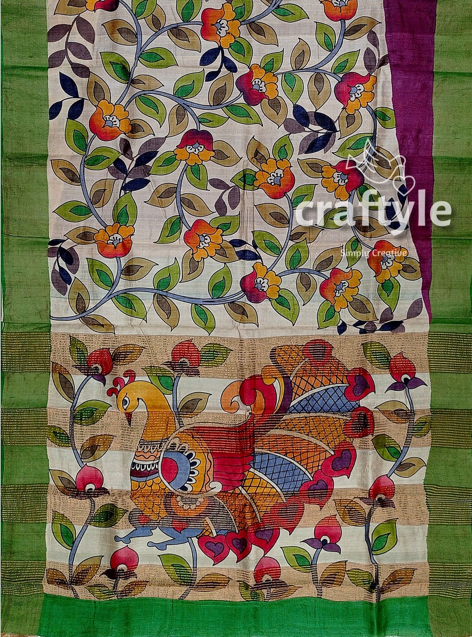 Floral Design Hand Painted Zari Border Pure Tussar Kalamkari Saree - Craftyle