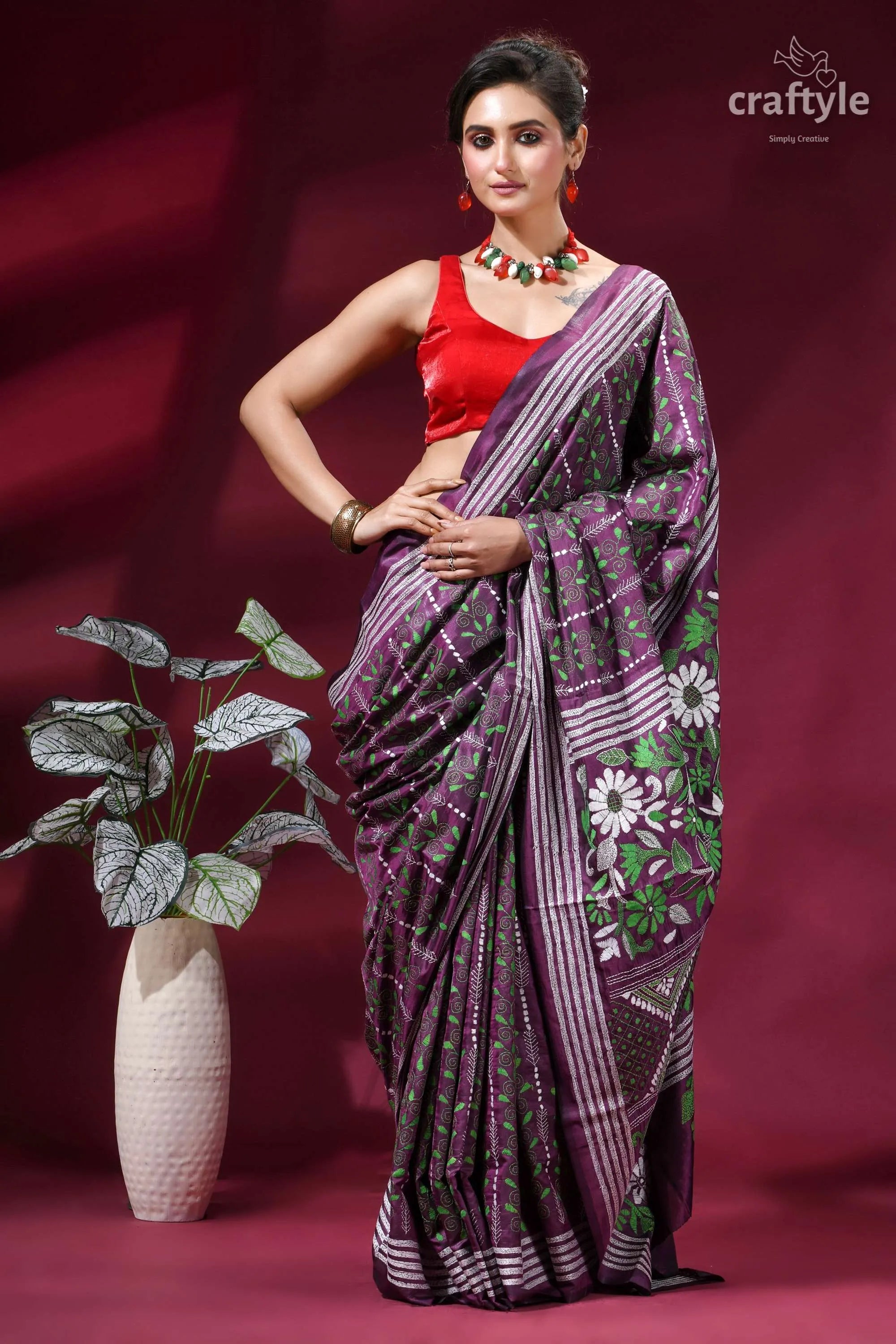 Floral design silk kantha embroidery saree in viola purple purple floral saree white green 5