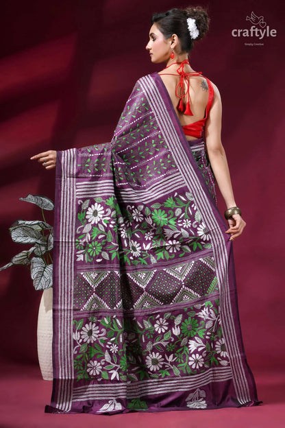 Floral design silk kantha embroidery saree in viola purple purple silk saree intricate floral 4