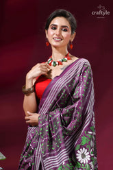 Floral design silk kantha embroidery saree in viola purple purple silk saree green floral 2