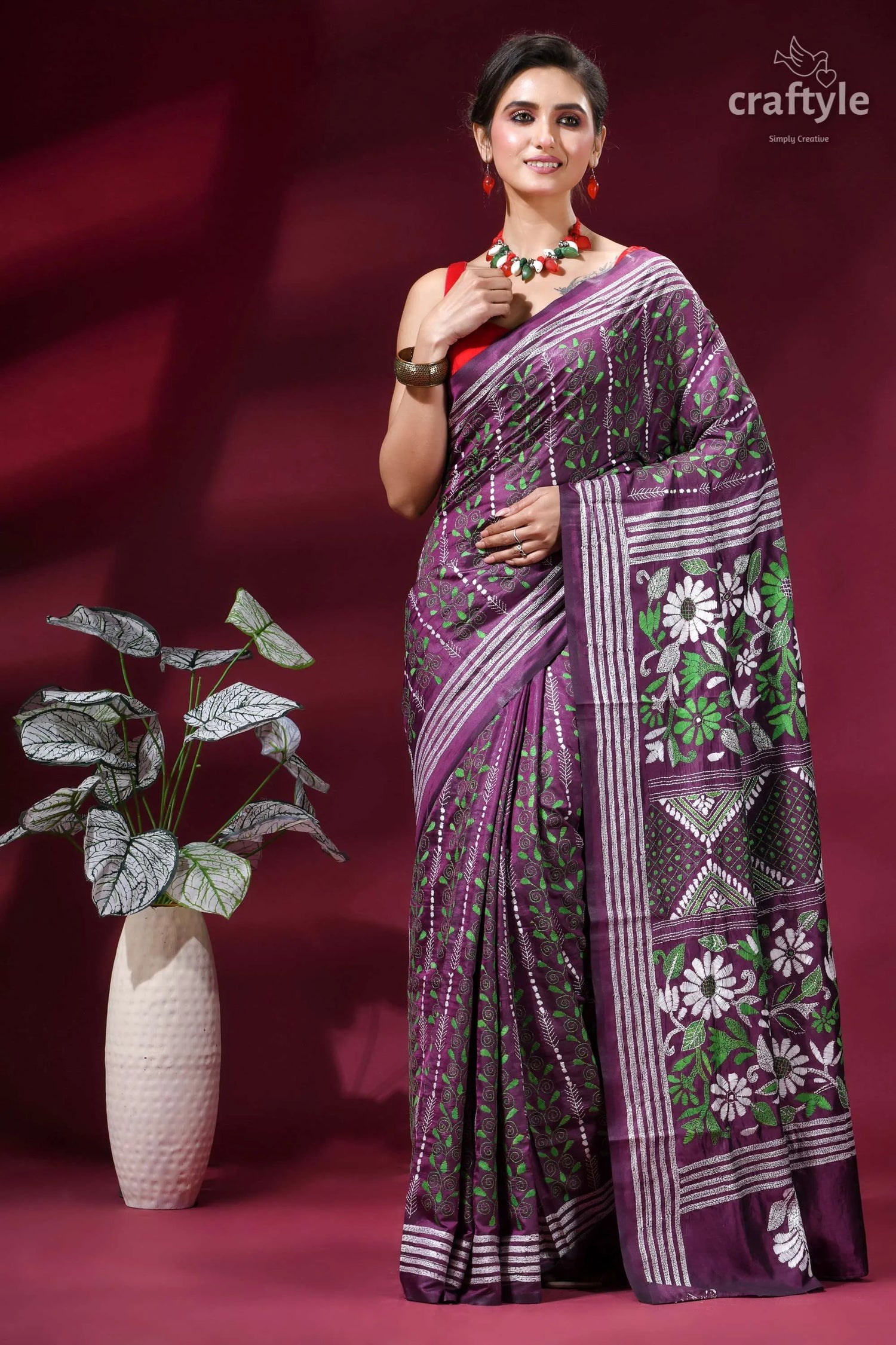 Floral design silk kantha embroidery saree in viola purple woman wears purple green floral-patterned 6