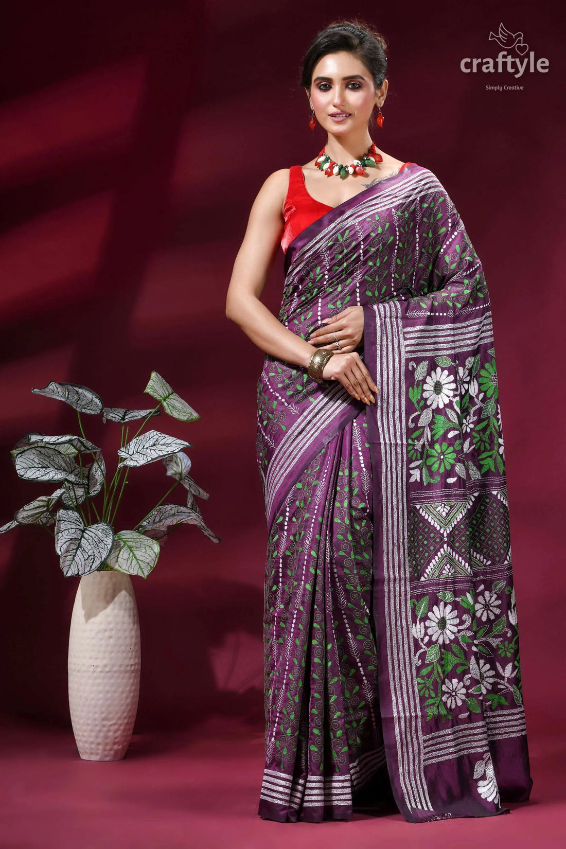 Floral design silk kantha embroidery saree in viola purple purple floral saree green white 1