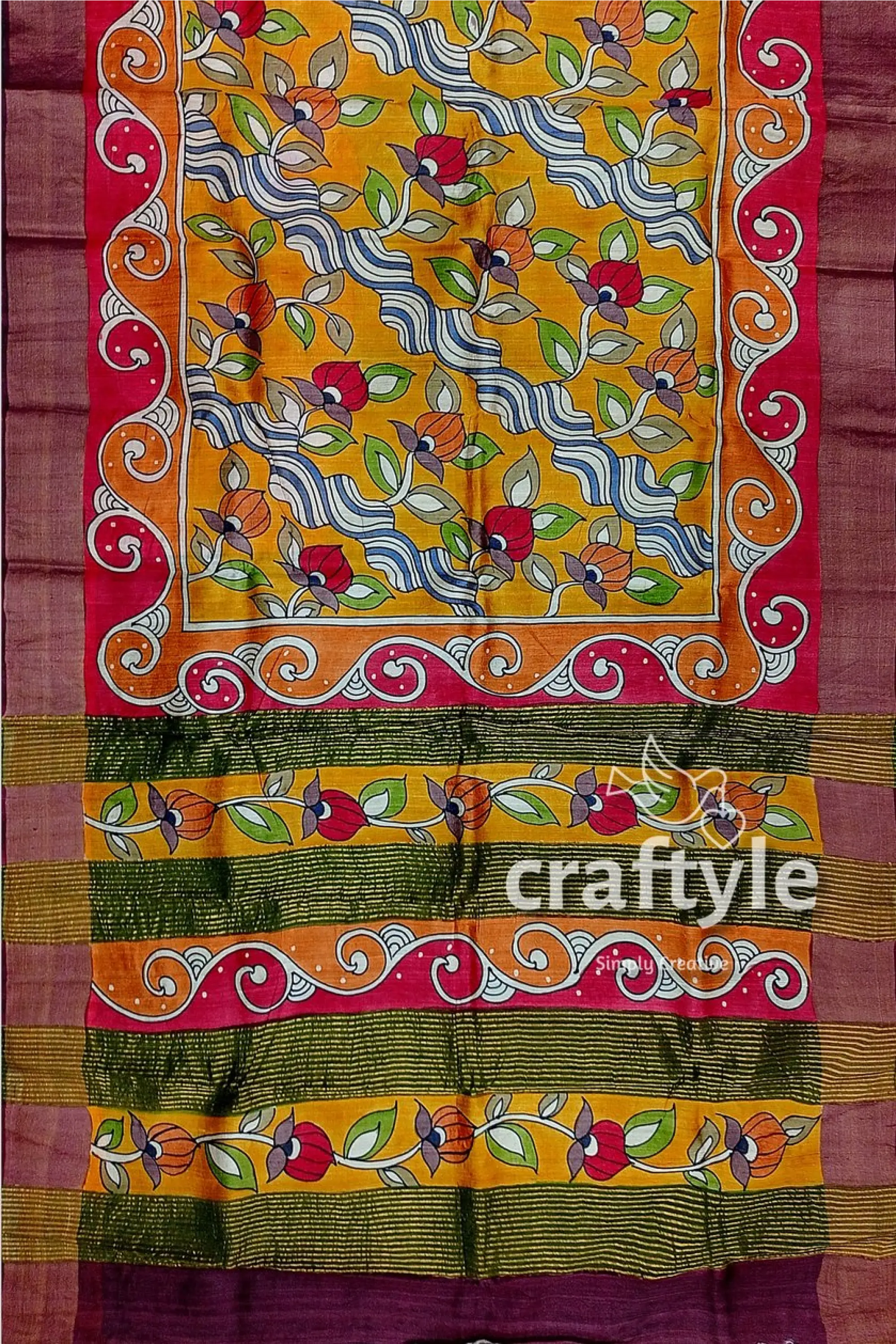 Floral hand painted zari border pure tussar kalamkari saree - indian ethnic wear floral-patterned saree 7