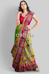 Floral Hand Painted Zari Border Pure Tussar Kalamkari Saree - Indian Ethnic Wear - Craftyle