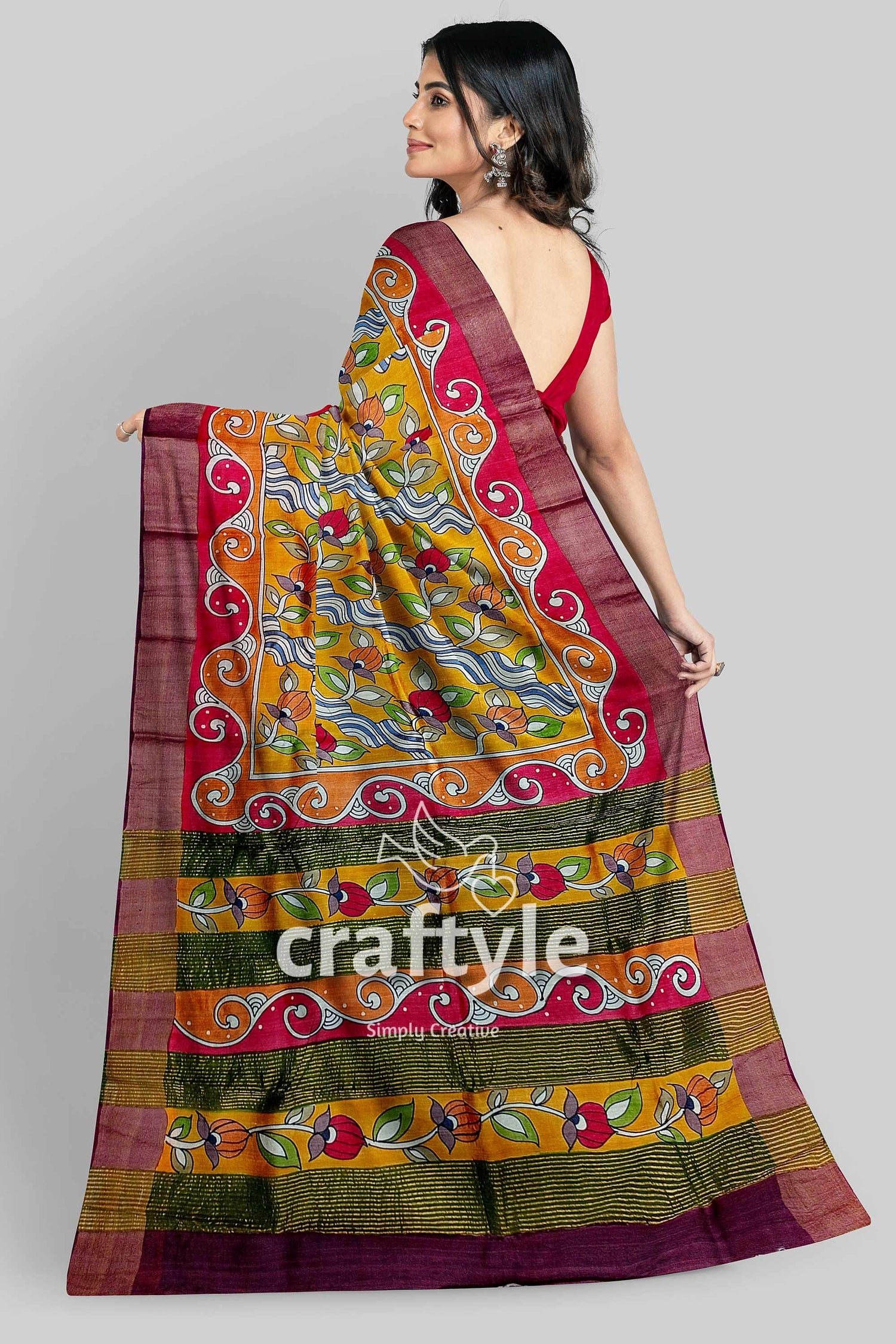 Floral Hand Painted Zari Border Pure Tussar Kalamkari Saree - Indian Ethnic Wear - Craftyle