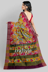 Floral Hand Painted Zari Border Pure Tussar Kalamkari Saree - Indian Ethnic Wear - Craftyle
