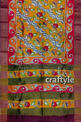 Floral Hand Painted Zari Border Pure Tussar Kalamkari Saree - Indian Ethnic Wear - Craftyle