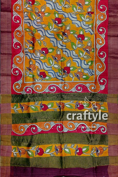 Floral Hand Painted Zari Border Pure Tussar Kalamkari Saree - Indian Ethnic Wear - Craftyle