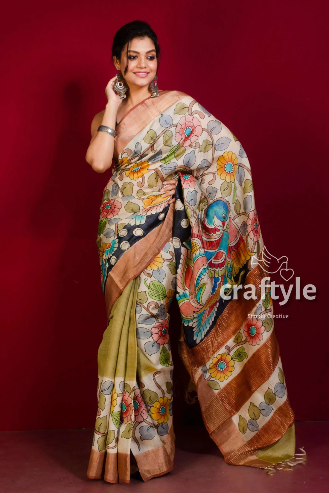 Floral kalamkari saree hand painted zari border - pure tussar silk woman painted saree 2