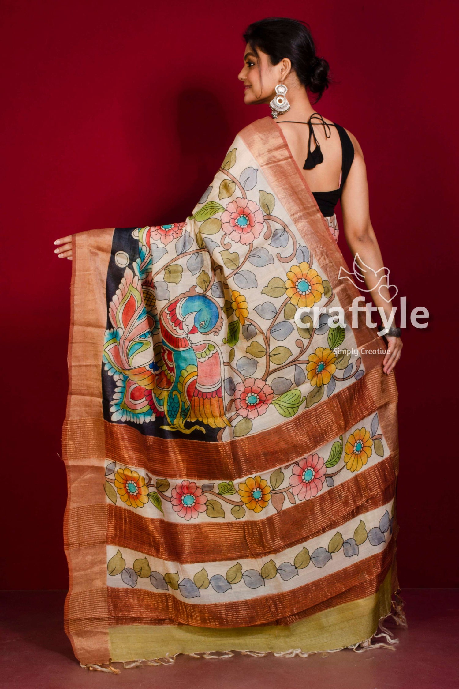 Floral Kalamkari Saree Hand Painted Zari Border - Pure Tussar Silk - Craftyle