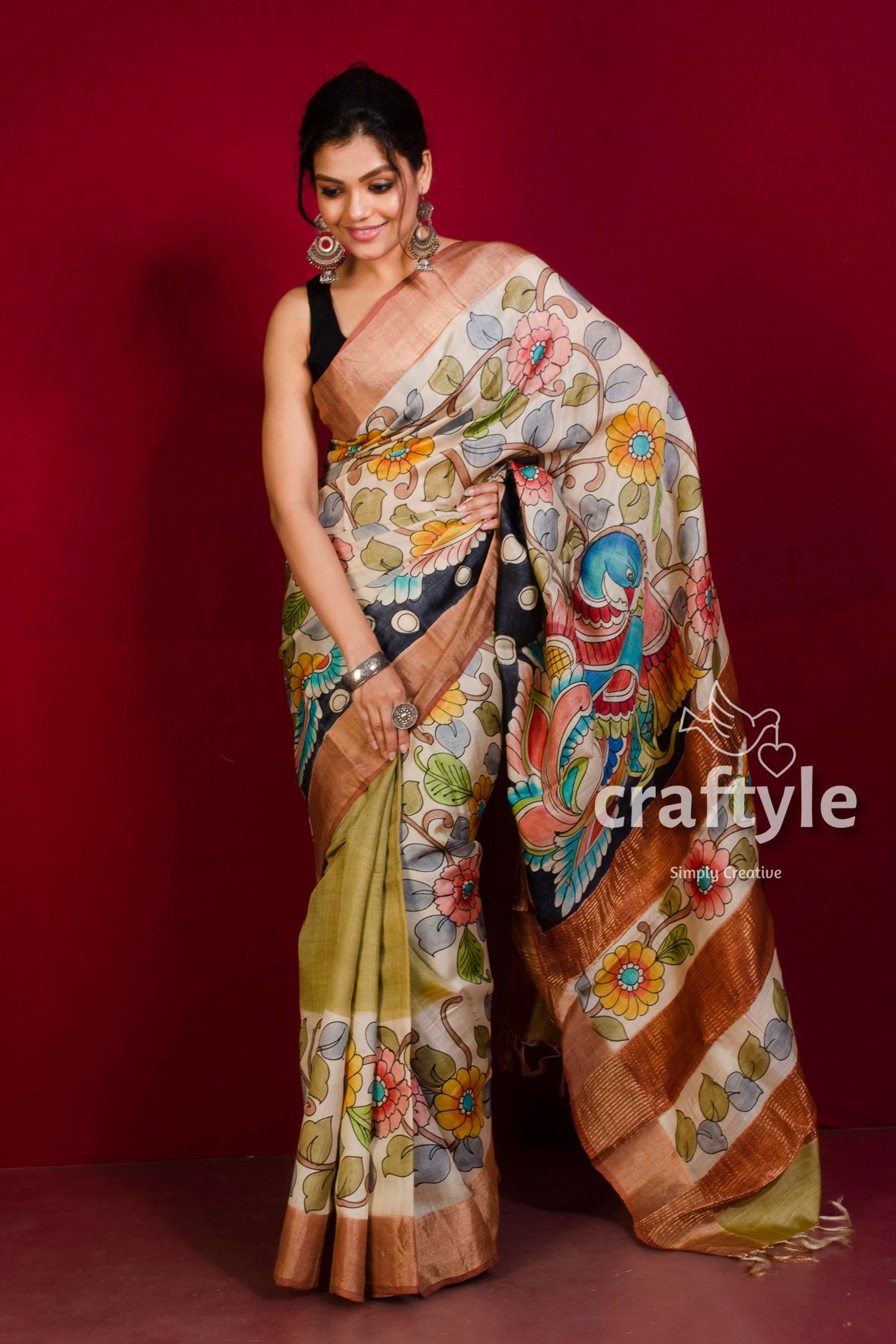 Floral Kalamkari Saree Hand Painted Zari Border - Pure Tussar Silk - Craftyle