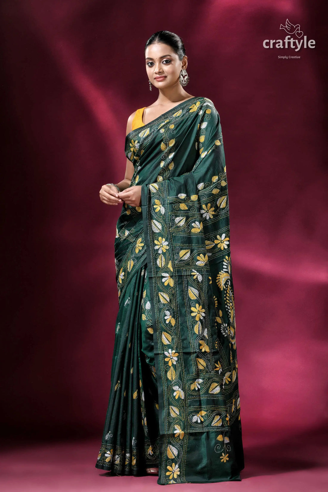 Floral motif bottle green silk kantha saree elegant green saree floral embroidery 1