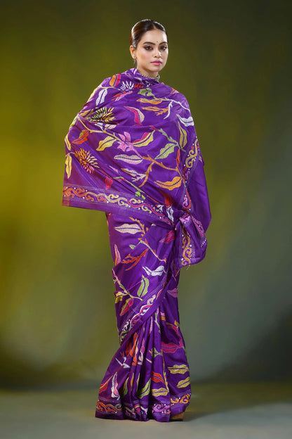 Floral motif bright purple handmade silk kantha stitch saree 4