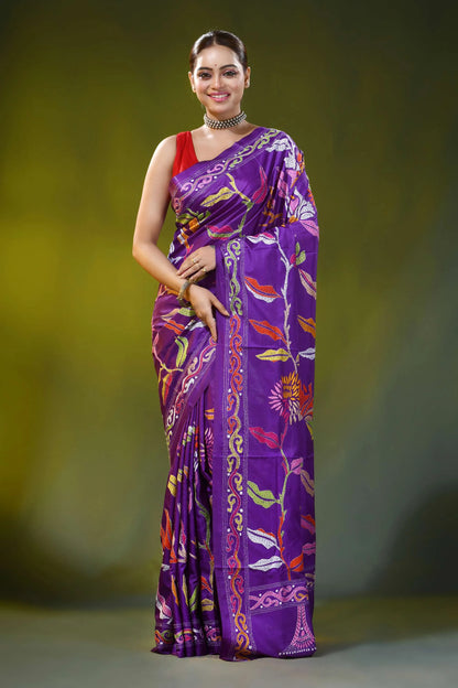 Floral motif bright purple handmade silk kantha stitch saree 1