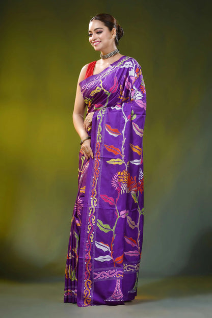 Floral motif bright purple handmade silk kantha stitch saree 3