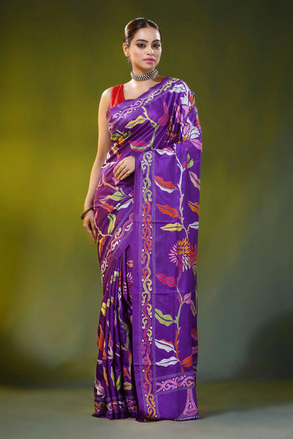 Floral motif bright purple handmade silk kantha stitch saree 7