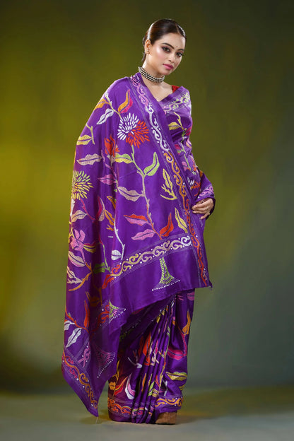 Floral motif bright purple handmade silk kantha stitch saree 6