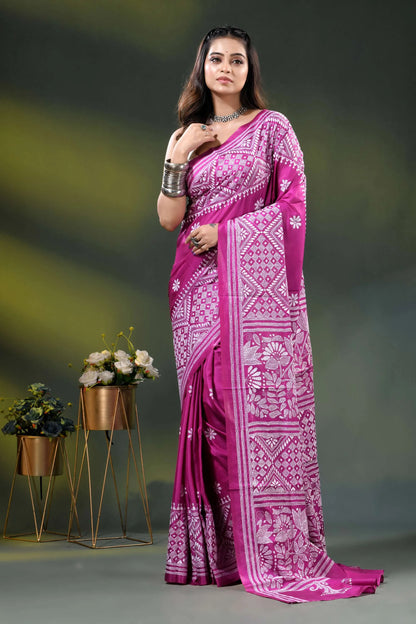 Floral motif hand embroidered silk kantha work saree in magenta 6