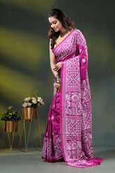 Floral motif hand embroidered silk kantha work saree in magenta 3