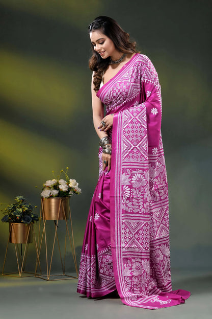 Floral motif hand embroidered silk kantha work saree in magenta 3