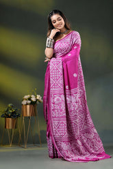 Floral motif hand embroidered silk kantha work saree in magenta 4