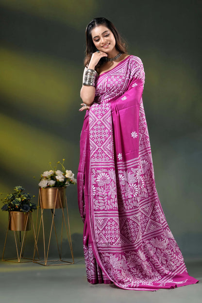 Floral motif hand embroidered silk kantha work saree in magenta 4