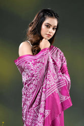 Floral motif hand embroidered silk kantha work saree in magenta 2