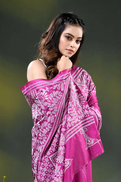 Floral motif hand embroidered silk kantha work saree in magenta 2