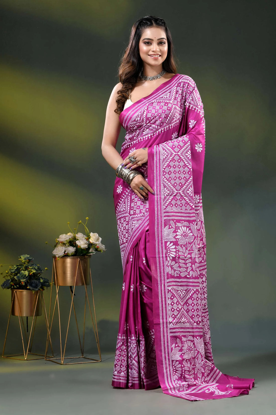 Floral motif hand embroidered silk kantha work saree in magenta 1