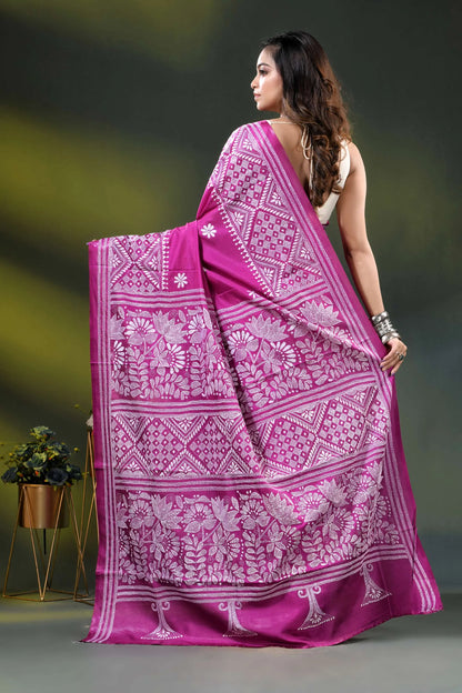 Floral motif hand embroidered silk kantha work saree in magenta 5