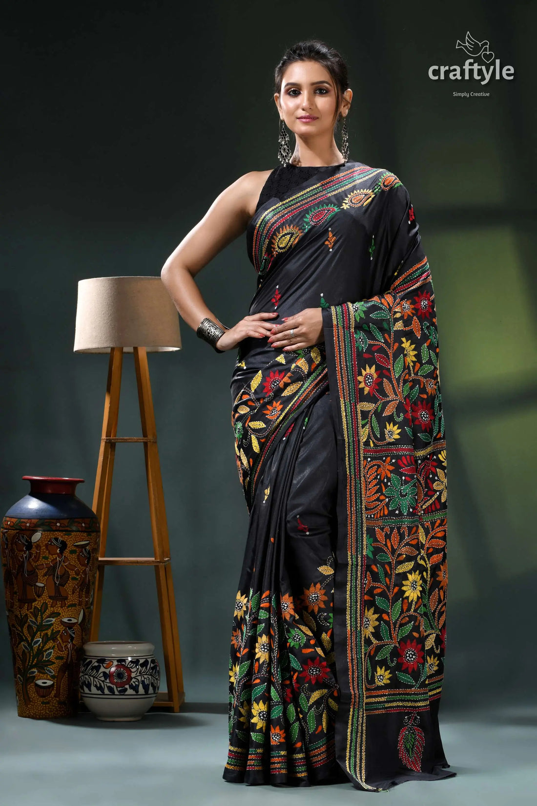 Floral motif jade black multicolor thread kantha silk saree black floral saree intricate embroidery 1