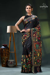 Floral motif jade black multicolor thread kantha silk saree black floral saree intricate embroidery 1