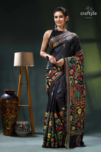 Floral motif jade black multicolor thread kantha silk saree black saree floral embroidery border 5