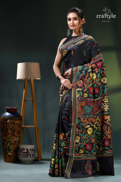 Floral motif jade black multicolor thread kantha silk saree black floral saree green red 3