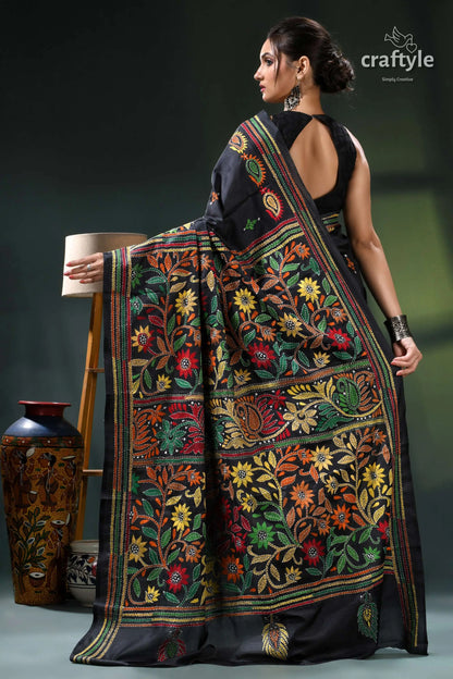 Floral motif jade black multicolor thread kantha silk saree black floral saree intricate designs 4