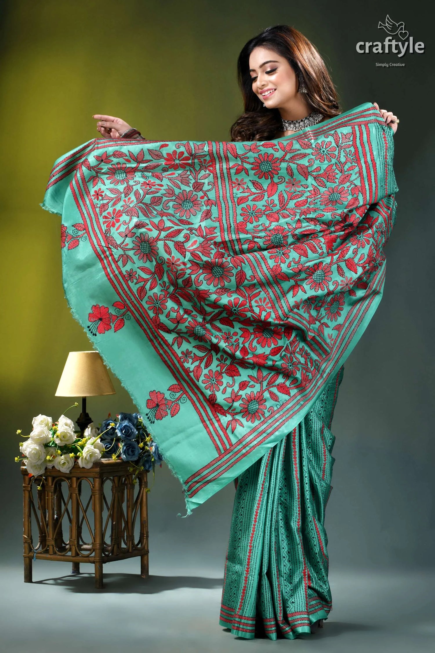 Floral motif silk kantha embroidery saree in light sea green woman elegantly displays mint green 4