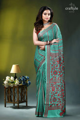 Floral motif silk kantha embroidery saree in light sea green woman wears teal red floral 6