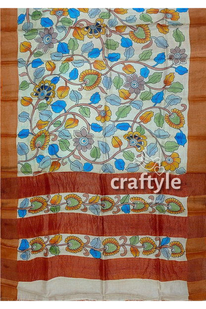 Floral pure tussar saree with zari border - handcrafted kalamkari work floral-patterned saree 7