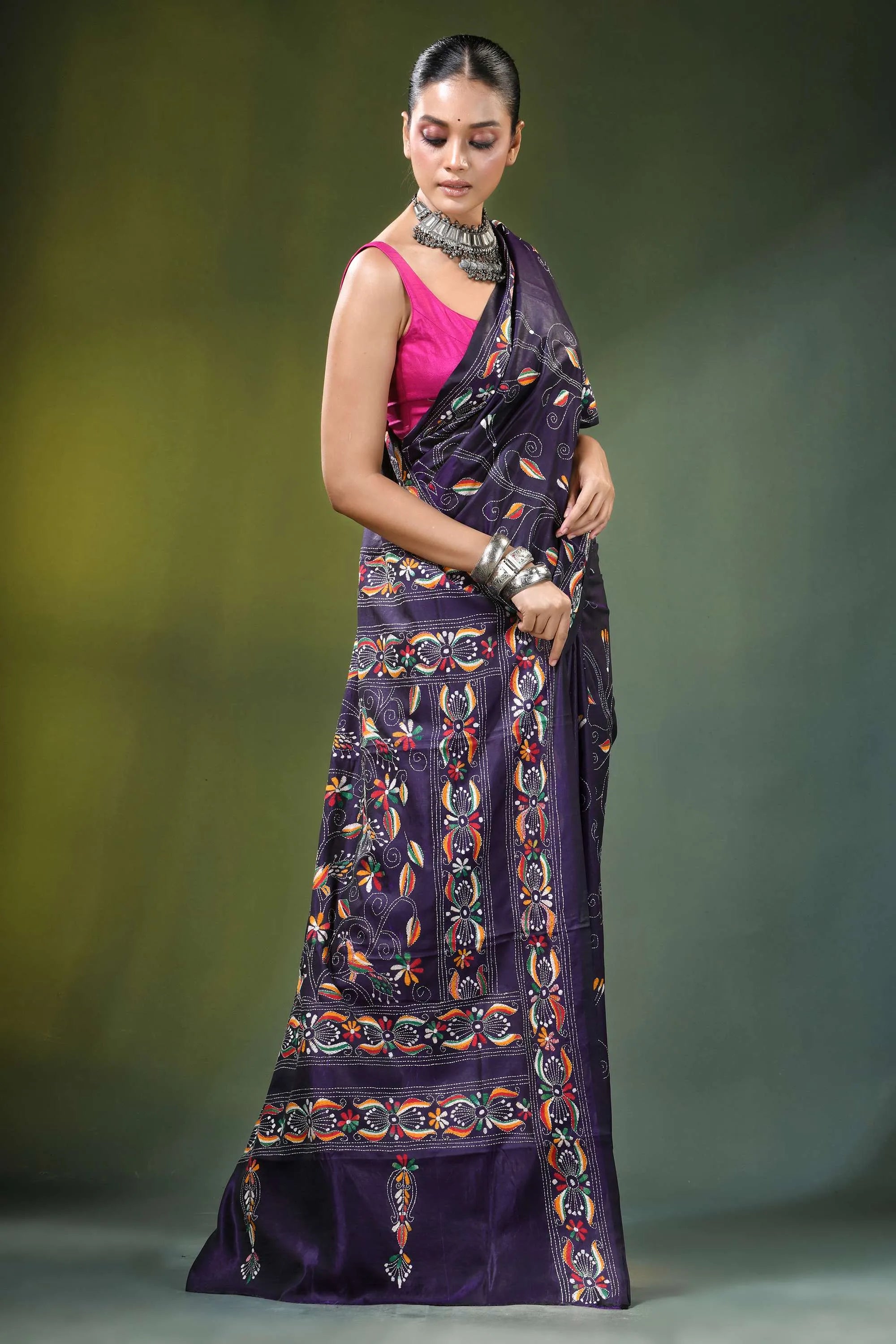 Floral vine hand embroidery silk kantha work saree in deep purple richly embroidered intricate 4
