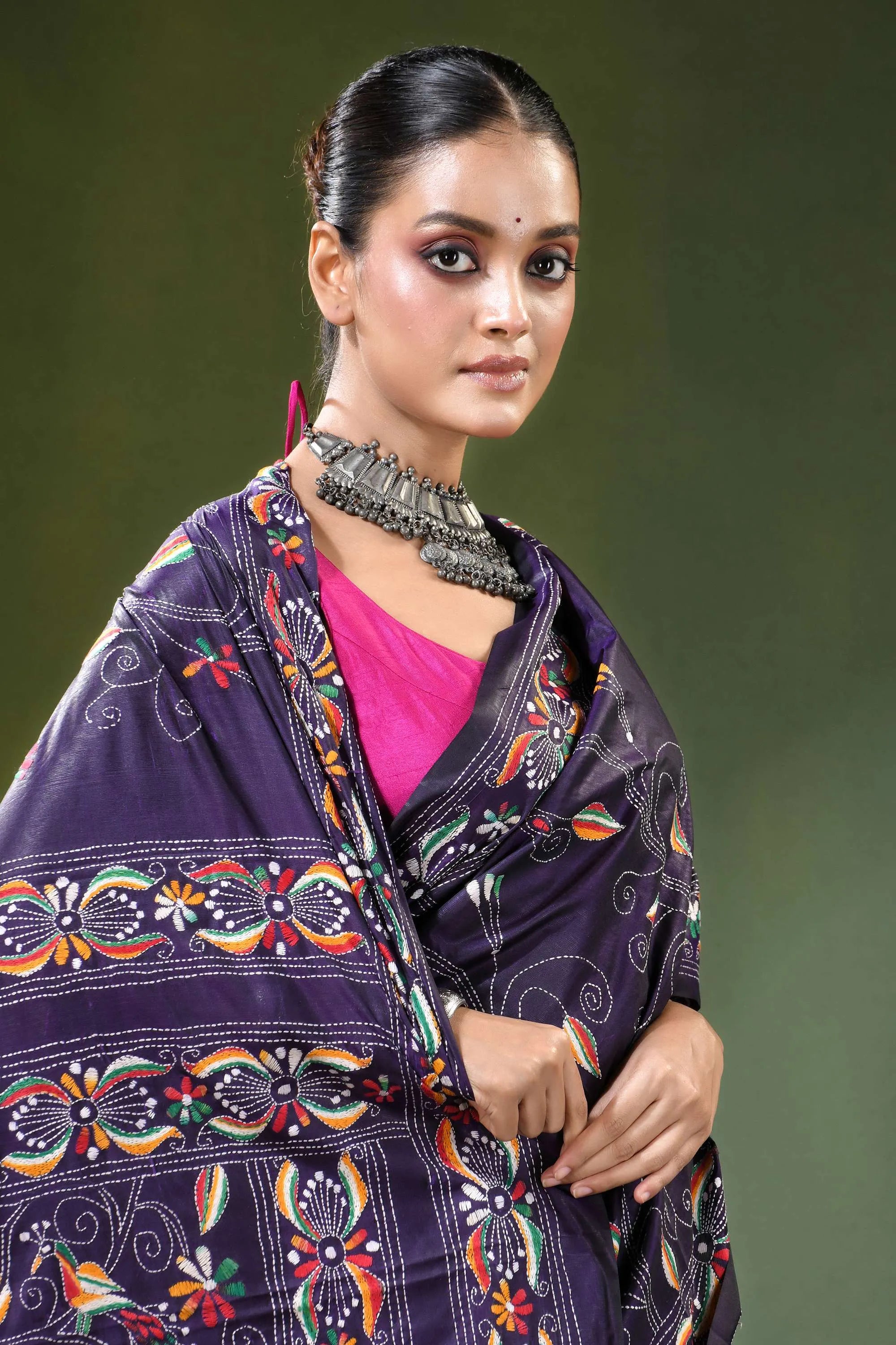 Floral vine hand embroidery silk kantha work saree in deep purple woman wears dark 2