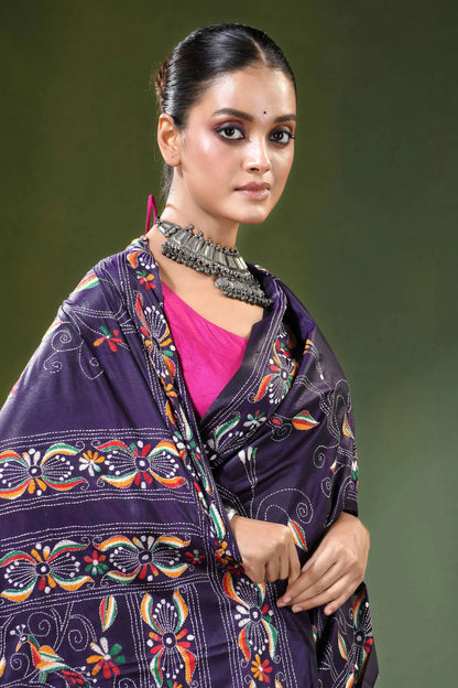 Floral vine hand embroidery silk kantha work saree in deep purple woman wears dark 2