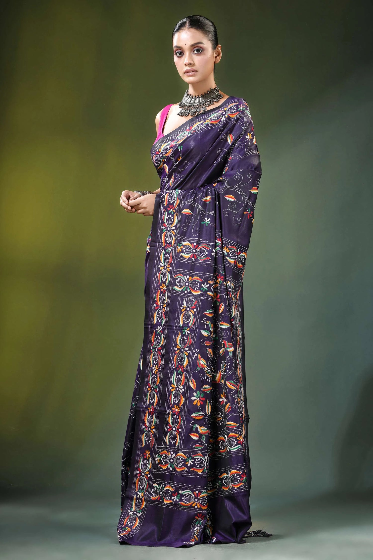 Floral vine hand embroidery silk kantha work saree in deep purple richly embroidered intricate 3