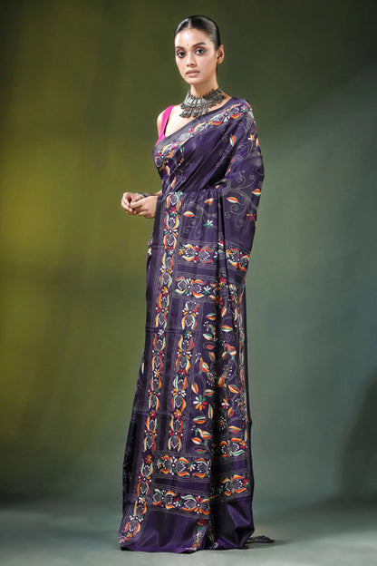 Floral vine hand embroidery silk kantha work saree in deep purple richly embroidered intricate 3