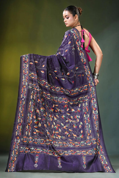 Floral vine hand embroidery silk kantha work saree in deep purple richly embroidered intricate 5